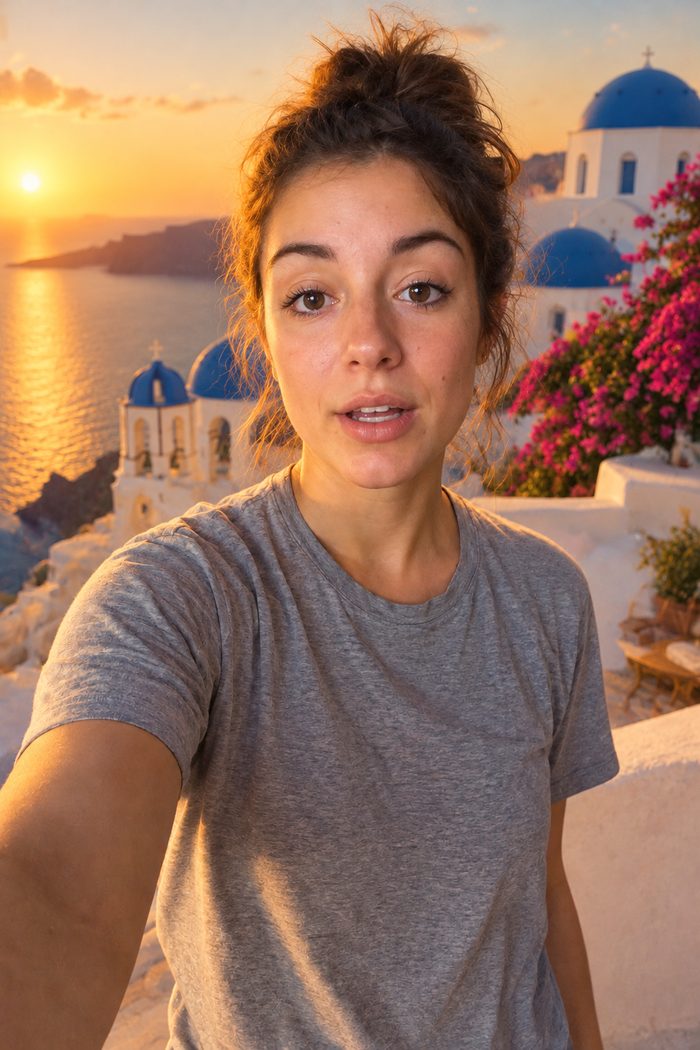 Same clip with the background swapped to a Santorini terrace