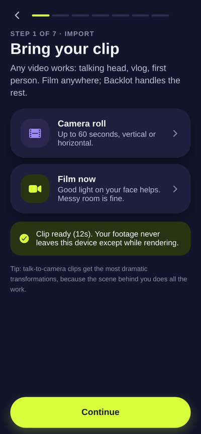 Backlot import screen