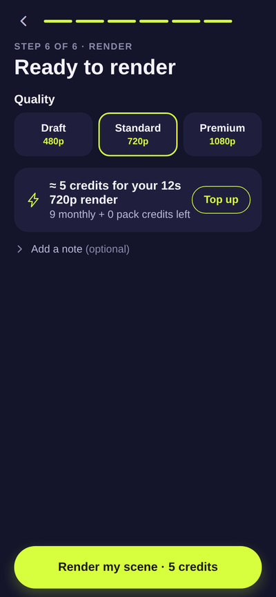 Backlot render screen with credit cost